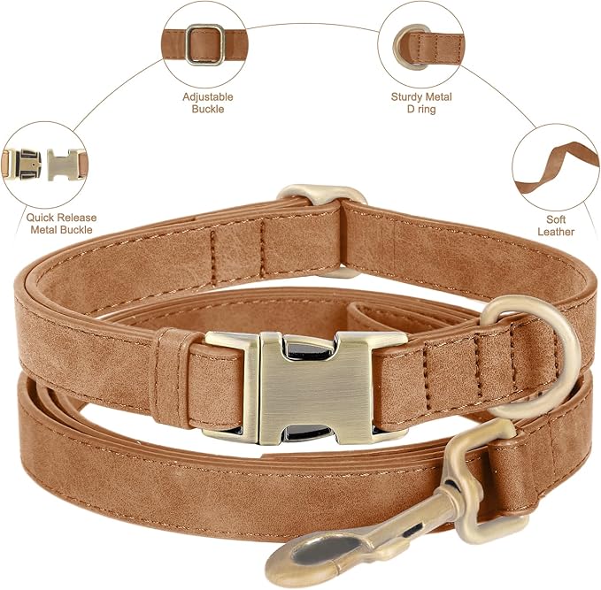 Genuine Leather Dog Collar - Adjustable Pet Collar with Quick Release Metal Buckle, Soft Skin Friendly Real Leather Collar for Small, Medium, Large Dogs (Brown Collar + Rope, L：Fit 15-23" Neck)