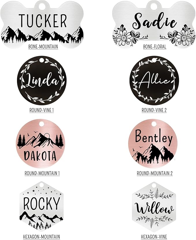 Ultra Joys Stainless Steel Dog ID Tag, Personalized Front and Back Engraving, Customized Dog and Cat Tags, Optional Engraved on Both Sides, Round Mountain on Bottom, Rose Small