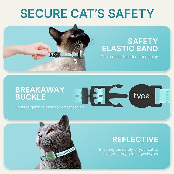 Waterproof Airtag Cat Collar, Breakaway Cat Airtag Collar with Luminous & Reflective Pattern Strap, Lightweight Kitten Collars for Apple Air tag, Hidden Holder for GPS Tracker - Cats, Kittens (9-13")