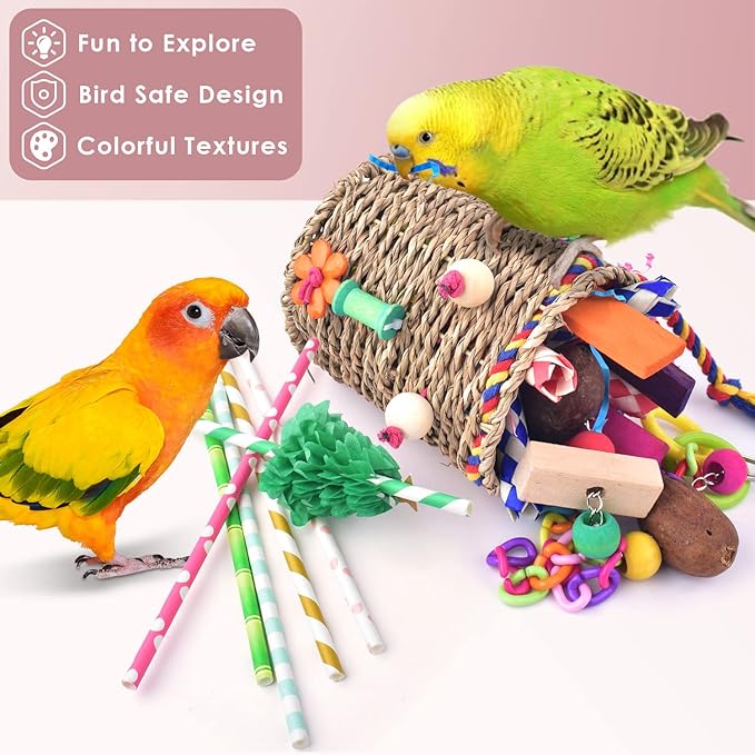 KATUMO Bird Toys, Parrot Grass Basket and Shredding Foraging for Parakeets, Cockatiels, Conures, Small and Medium Bird Cage Accessories