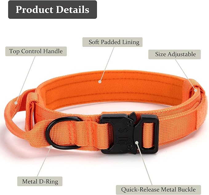 Tactical Dog Collar, Adjustable Military Training Nylon Dog Collar with Control Handle and Heavy Quick-Release Metal Buckle for Small Medium Large Dogs, Orange XXL