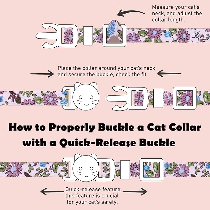 2 Pack Cotton Breakaway Cat Collars Set with Bell and Flower Pendant, Cute Floral Fruit Patterned, Adjustable 7.5-11Inch, Include A Mouse Toy Gift