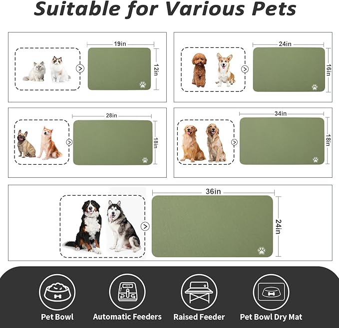 Dog Food Mat - Absorbent Cat Mat for Food and Water, No Stains Pet Feeding Bowl Mat, Easy to Clean Pet Placemats, Quick Dry Dog Water Dispenser Mat for Messy Drinkers | Paw Green 24"x36"