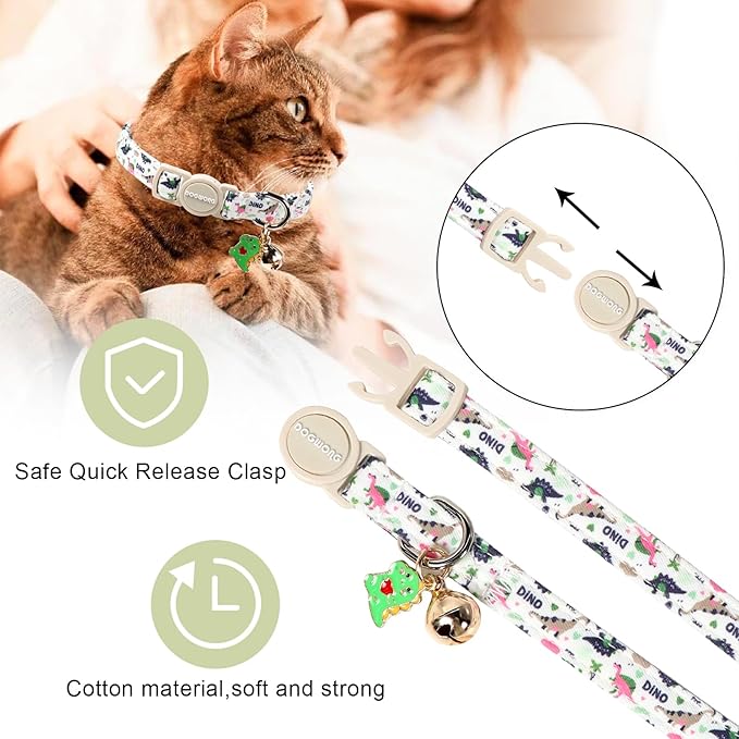 2 Pack Dinosaur Cat Collars Breakaway with Bell, DOGWONG Safety Buckle Bluee Plaid Cute Cat Collar for Girl Boy Cats，Adjustable 7-12 Inch