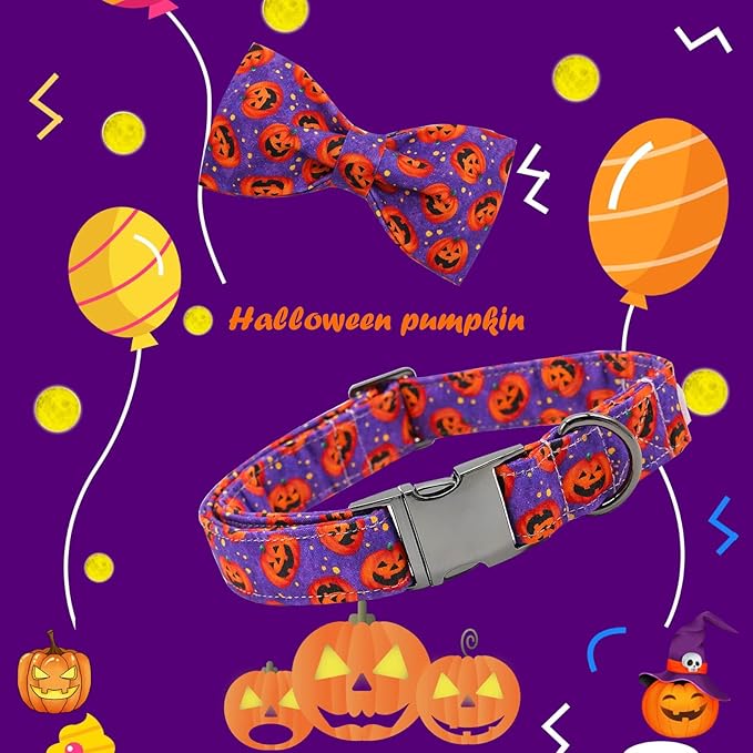 Dog Collar - Halloween Pumpkin Bowtie Pet Collar Gift Soft Bow Collar Pet Adjustable Metal Buckle Puppy Collars for Large Dogs