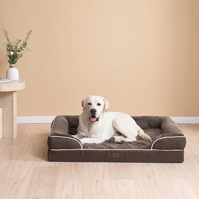 EHEYCIGA Orthopedic Dog Bed for Medium Dogs, Waterproof Memory Foam Medium Dog Beds with Sides, Non-Slip Bottom and Egg-Crate Foam Pet Couch Bed with Washable Removable Cover, Brown