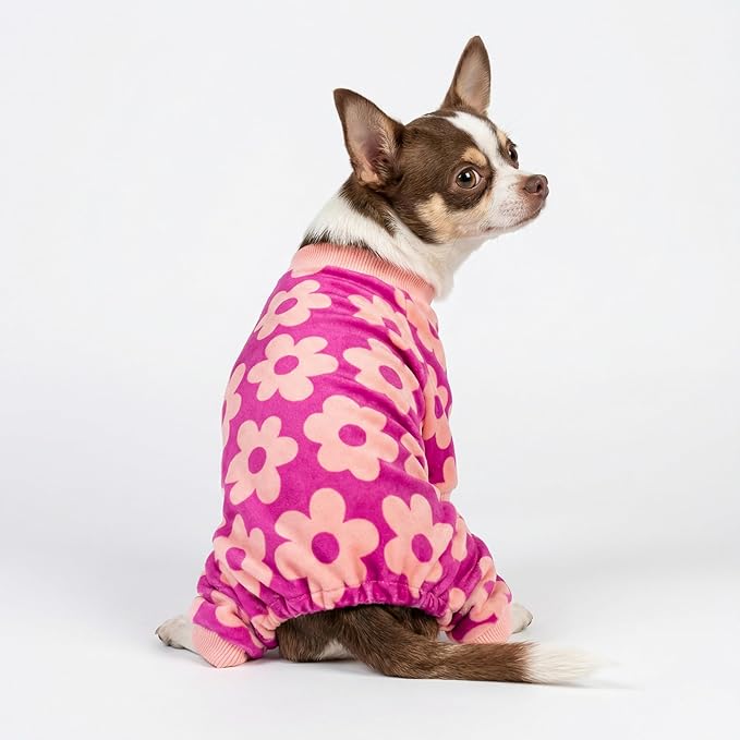 Fitwarm Flower Fleece Dog Pajamas, Warm Winter Dog Clothes for Small Dogs Girl, Cozy Pet Onesie with Feet, Pink, XS