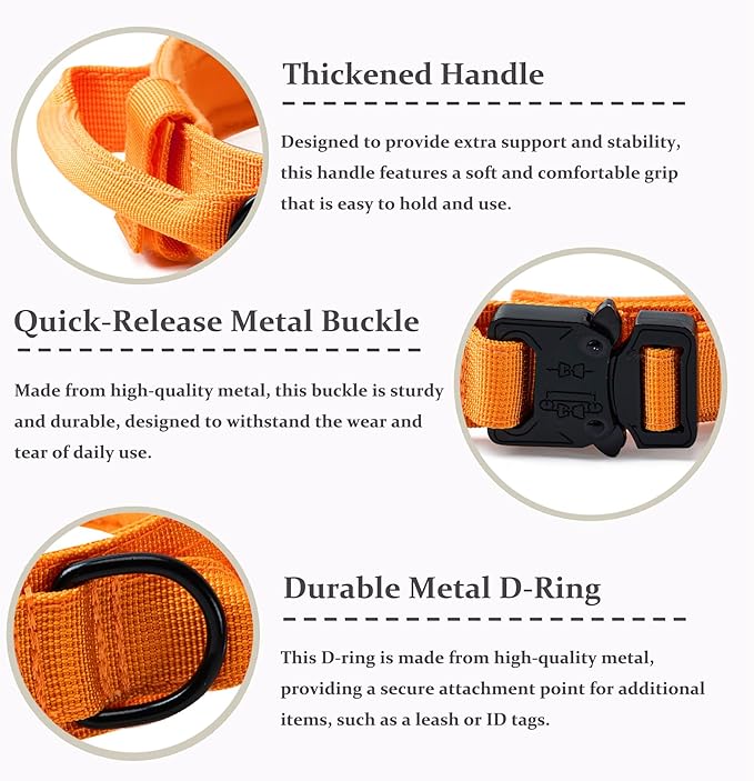 Tactical Dog Collar, Adjustable Military Training Nylon Dog Collar with Control Handle and Heavy Quick-Release Metal Buckle for Small Medium Large Dogs, Orange XL