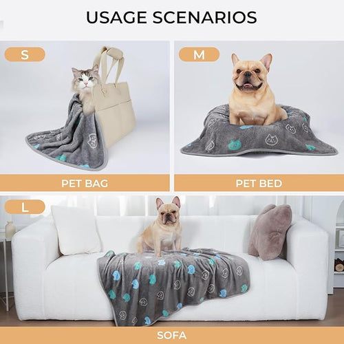 1 Pack 3 Blankets Super Soft Fluffy Premium Cute Cat Pattern Pet Blanket Flannel Throw for Dog Puppy Kitten Blue/Cyan/Grey Large(41x31 inch)