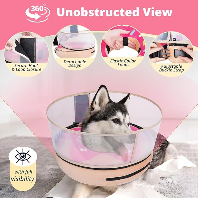Inflatable Dog Cone with Transparent Shield, Protective Dog Donut Collar After Surgery to Stop Licking, Soft Donut Cone for Large Pets, Adjustable Recovery Collar with Buckle Visibility