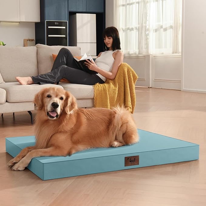 Outdoor Extra Large Dog Bed, Jumbo Waterproof Dog Bed for Large Dogs, Orthopedic Egg Crate Foam Pet Mat with Removable Oxford Cooling Cover, Light Blue