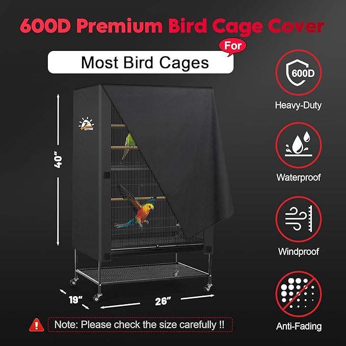 Zettum Bird Cage Cover - 600D Bird Cage Covers for Night Heavy Duty & Waterproof, Fade-Resistant Pet Bird Cage Cover Accessory for Parakeet, Parrot, Cockatiel and More Finches - 26 x 19 x 40 Inch