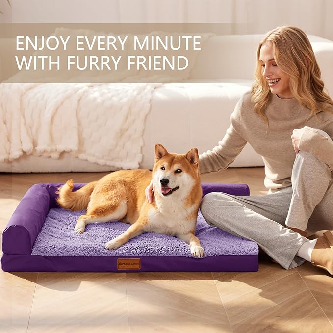 Patas Lague Orthopedic Jumbo Dog Bed for Extra Large Dogs 56''X40'', Waterproof L Bolster Pet Sofa Beds with Removable Washable Cover, Soft Comfortable Pet Couch Crate Mat with Nonskid Bottom, Purple