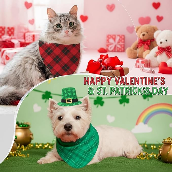 Weewooday 50 Pcs Valentine's & St. Patrick's Day Dog Bandanas Bulk Red & Green Plaid Bandanas for Dogs Soft Triangle Bibs Adjustable Scarf for Small Medium Large Pets(31.5 x 21.7 x 21.7 Inch)