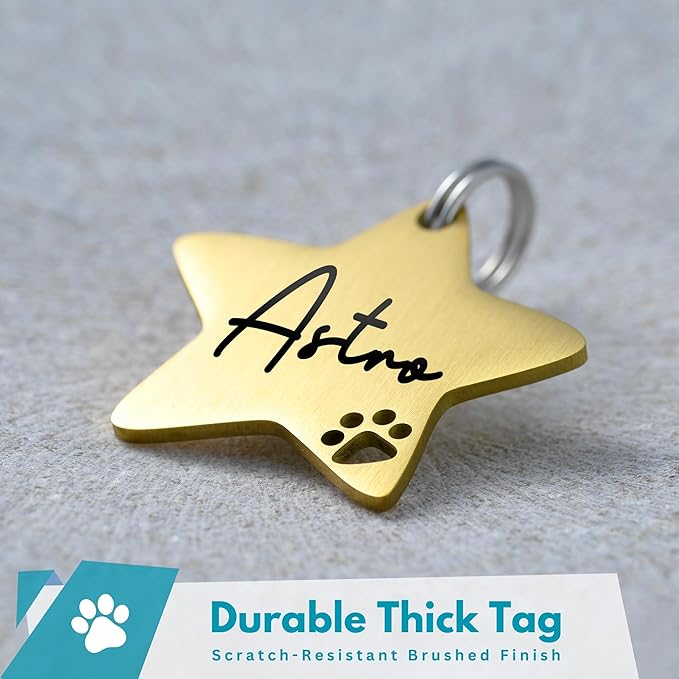 Ultra Joys Dog Tags Personalized for Pets - Hollow Paw Custom Pet ID Tag - Engraved Dog Tag for Small, Large Dogs - Large Star in Gold