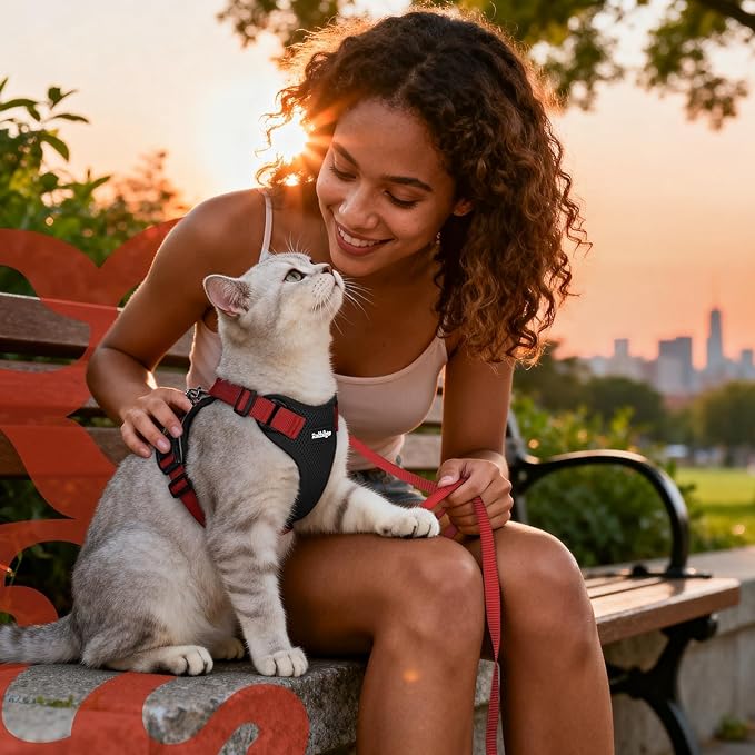 rabbitgoo Cat Harness and Leash for Walking, Escape Proof Soft Adjustable Vest Harnesses for Cats, Easy Control Breathable Reflective Strips Jacket, Black & Red, S