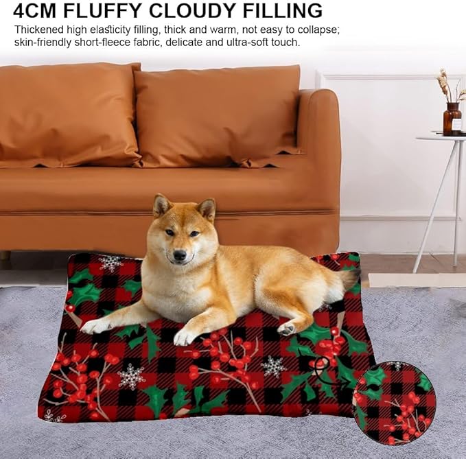 Festive Berry Snowflake Dog Crate Pad Dog Crate Bed Waterproof Pet Bed for Rectangle Non- Slip Bottom Pet Accessories for Dogs Multi- Scenario Mat Gift Printed Pad 36× 24 Inch