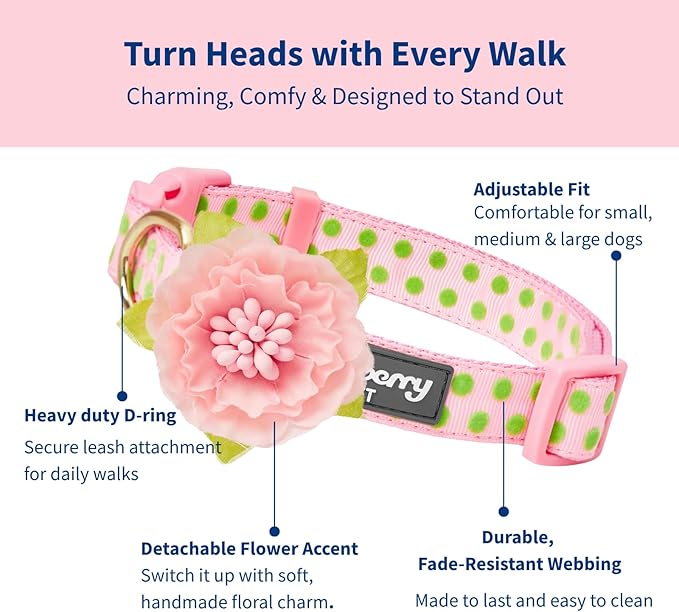 Blueberry Pet Adjustable Flocking Dog Collar with Silk Flower, Pink Dog Collar for Girls, Medium, 14.5"-20" Neck, 3/4" Width, Girl Dog Collars for Small Dogs