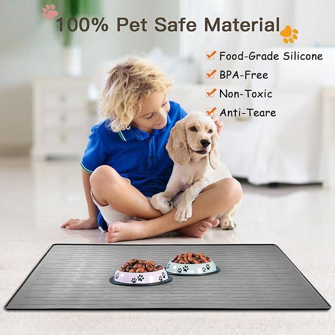 Largest Dog Food Mat, 48"x32" Silicone Dog and Cat Mat for Food and Water Bowls, Thinken Waterproof Non-Slip XXXL Pet Feeding Mat for Floors (Light Gray)