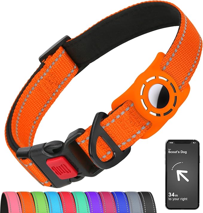 Airtag Dog Collar with AirTag Holder for Large Dogs, Reflective, Soft Padded & Safety Locking Buckle, Nylon Pet Collars Adjustable for All Breeds, Orange,XL