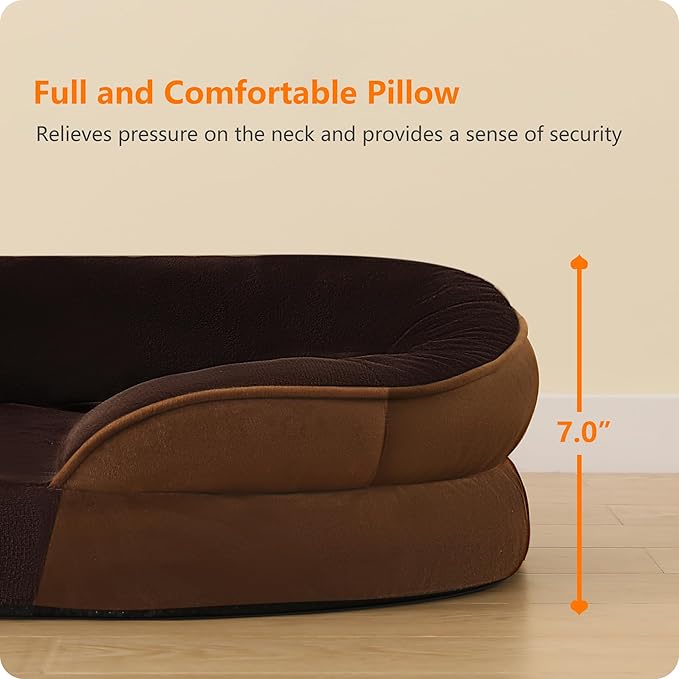 Dwanton Orthopedic Dog Bed for Extra Large Dogs with Gel Memory Foam, Waterproof Dog Sofa, Washable Pet Bed with Four Sided Bolster Cushion, Removable Cover & Non-Slip Bottom, 45", Brown