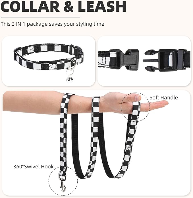PUPTECK Adjustable Dog Harness Collar and Leash Set Step in No Pull Pet Harness for Small Medium Dogs Puppy and Cats Outdoor Walking Running, Checkered Black&White L