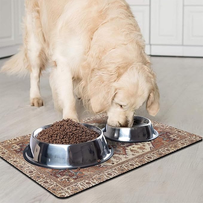 Dog Food Mats for Floors, Absorbent and Quick-Drying Pet Cat Food Mat,Anti-Fouling and Easy-to-Clean Pet Feeding Mat,Dog Bowl Mat for Messy Drinking Water Bowls.17 x27, Bohemia Style