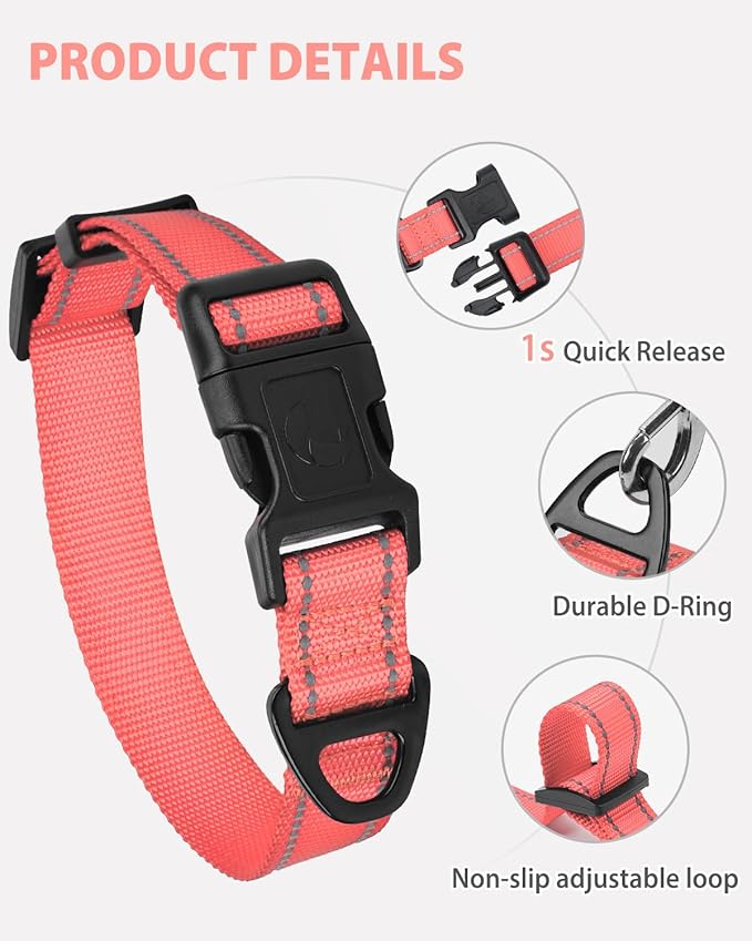 Joytale Small Dog Collar, Reflective and Adjustable Nylon Collar with Quick-Release Buckle, Lightweight No-Choke Design for Small Dogs, Pink, 3/4" Width
