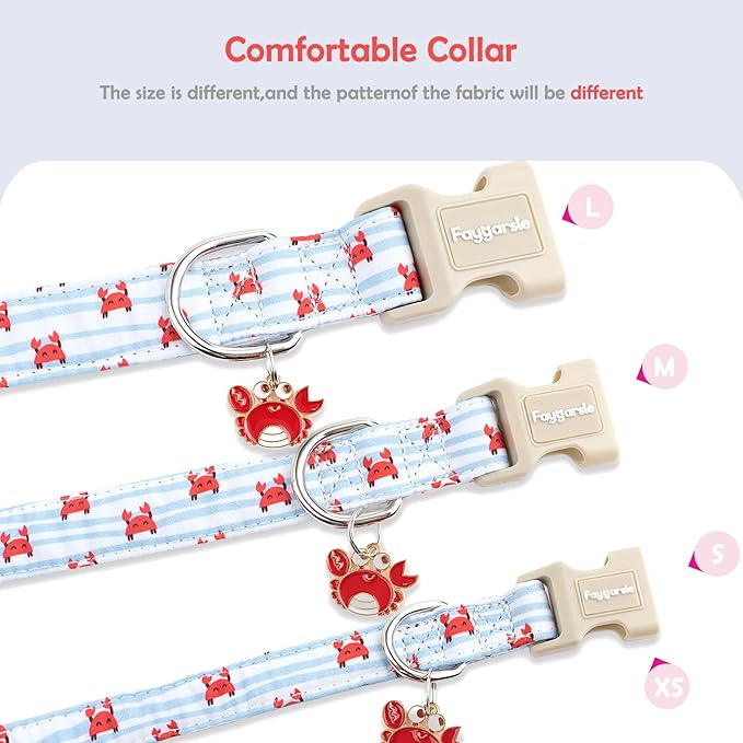 Faygarsle Cute Crab Pattern Dog Collar, Cotton Fabric, Light Blue Stripes, for Small Medium Large Dogs L