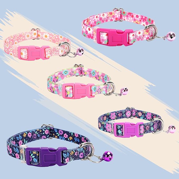 Cute Puppy Collar with Bell-Nylon Dog Collar for Small Breeds, Adjustable XXS XS Tiny Pet Little Dogs Girl Kitten Female Small Animal, for Puppies Purple Flowers X-Small