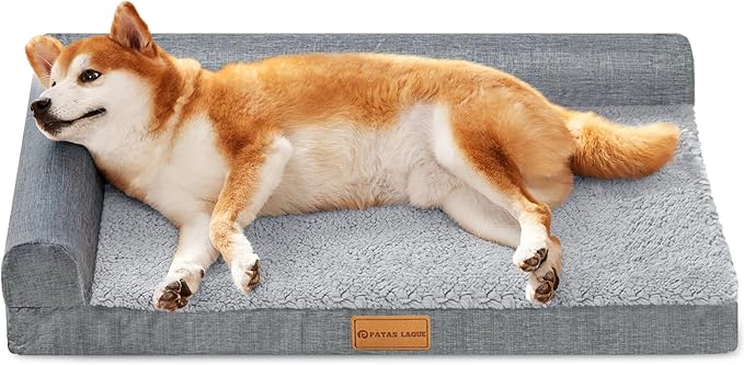 Patas Lague Orthopedic Dog Bed Medium Size Dog 30''X20'', Waterproof L Bolster Medium Pet Sofa Beds with Removable Washable Cover, Soft Comfortable Pet Couch Crate Mat with Nonskid Bottom, Grey