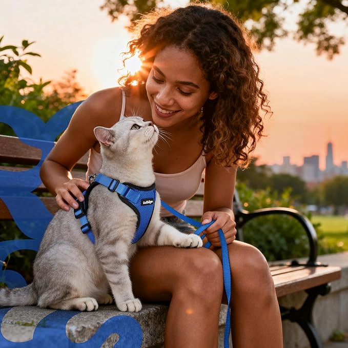 rabbitgoo Cat Harness and Leash for Walking, Escape Proof Soft Adjustable Vest Harnesses for Cats, Easy Control Breathable Reflective Strips Jacket, Navy Blue, M