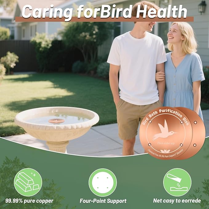 4 Inches Pure Copper Bird Bath Purification Disk,0.6mm thick,Reinforced Copper Purification Cleaner with Four-Point Support,All-Season Safe Clean Water Solution,Universal Fit for Outdoor Birdbath&Bowl