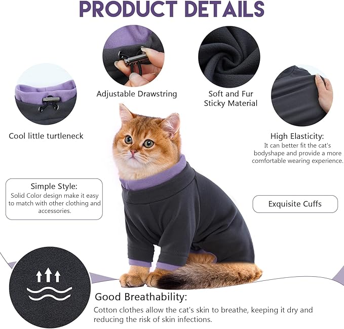 Sticky Cat Clothes Stretchy, Sphynx Hairless Sweater & Pajamas for Cats only, Soft Cat Onesie for Cats After Surgery Female Male & Hair Loss Prevention, Black L