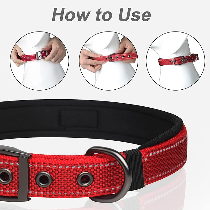 PetiFine Dog Collar for Large Dogs, Neoprene Padded and Adjustable, Reflective Wide Heavy Duty Pet Collars with Durable Metal Belt Buckle for Walking, Red, XL