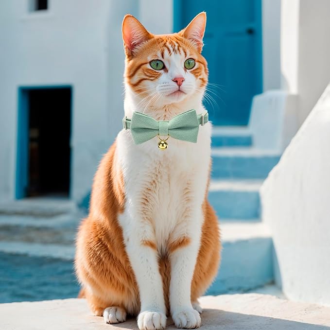 2 Pack Soft Corduroy Cat Collars with Bow Tie & Bell, Adjustable Breakaway Cotton Kitty Bowtie Collar for Female Male Cats(White & Grass Green)