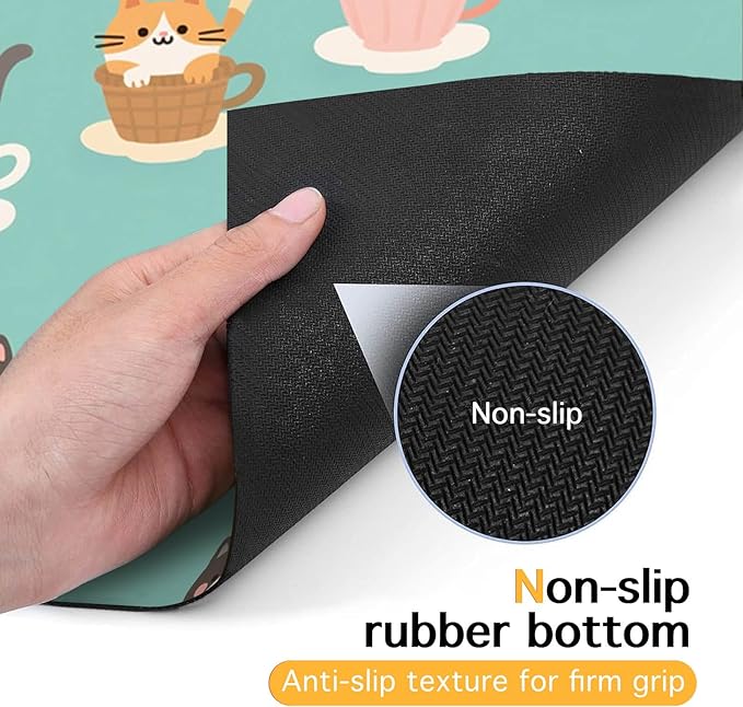 Cat Feedings Mats 20x12 inch Teacup Cat Print Pet Bowl Placemat Non Slip Mat for Cats Food and Water Indoor Kitty Feeding Station Cute Cats Meal Mat for Small Pets Kitchen Floor Use