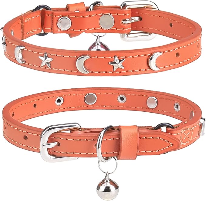 Leather Cat Collars for Boy Girl Cats with Bell and Safety Elastic Belt, Personalized Star and Moon Stud Adjustable Safe Buckle Collar for Kitty Small Big Cats Size 8-12 Inch, Orange