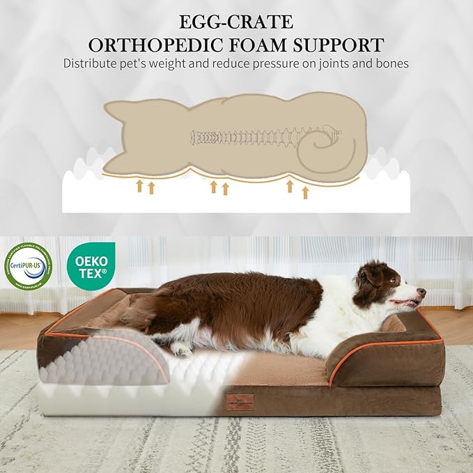 Comfort Expression Orthopedic Dog Bed for Medium Dogs 28x19 Inch, Waterproof Supportive Egg Crate Foam Medium Pet Bed with Removable Bolsters, Dog Couch with Washable Cover & Non-Slip Bottom, Brown