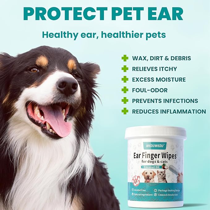 Ear Cleaner Finger Wipes 120 Counts, Dog Ear Cleaner, Grooming Kit Care for Dogs and Cats, Soft & Easy Otic Cleaning Pads, Remove Wax, Dirt & Stop Smelly, Itchy, Non-Irritating, Unscented