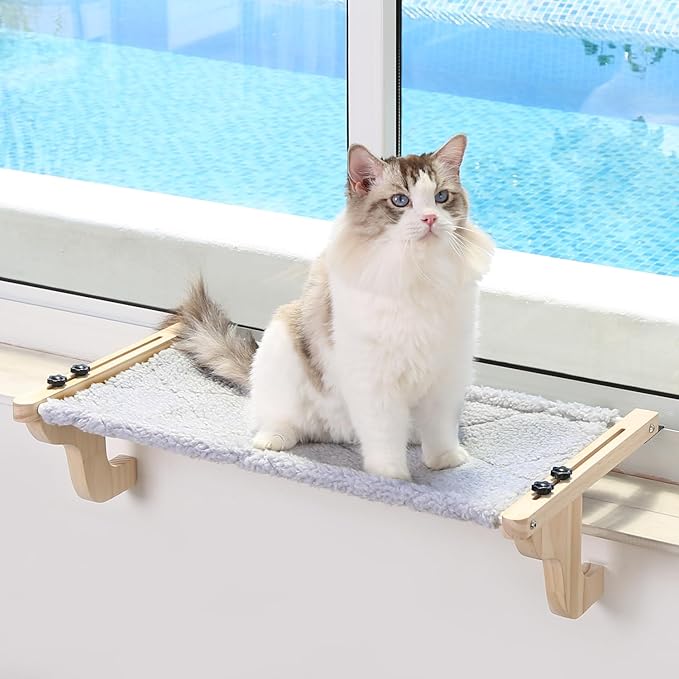 Zakkart Easy Seat Cat Perch for Window Sill - Hammock Design w/Pine Wood & Robust Metal Frame - Cat Window Seat for Large Cats and Kittens (Natural Color Wood w/Gray Bed, Large (26''W x 14''D))