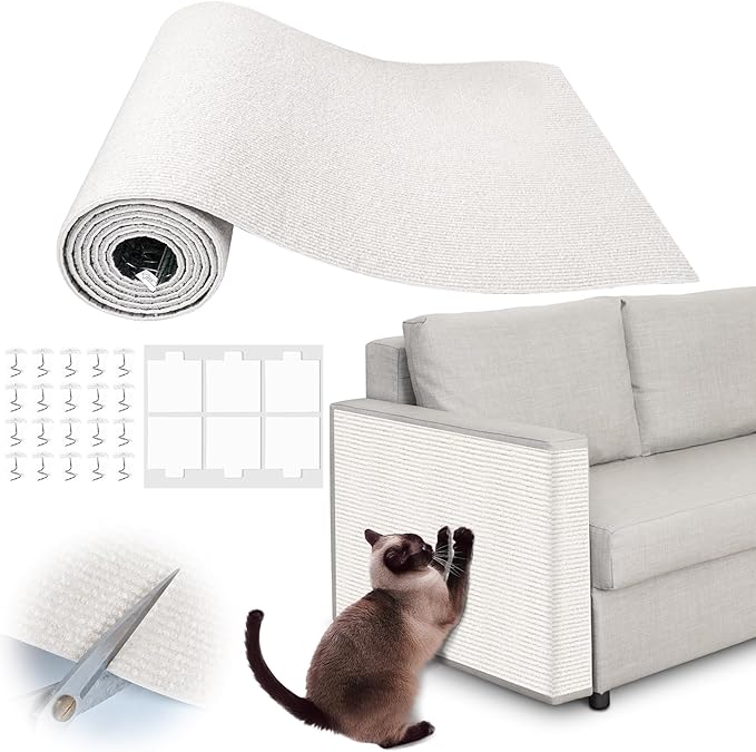 Cat Scratch Furniture Protector - 100" x 17" Trimmable Self-Adhesive Cats Claws Scratch Pads, DIY Cat Climbing Couch Protector for Scratch Post Cat Tree Replacement Indoor (Cream White)