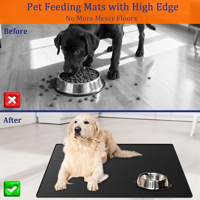 40"x30" XXL Silicone Dog Feeding Mat, 1.5MM Extra Thick Dog Bowl Mat for Food and Water, Large Non-Slip Placemat with High Edges for Dogs Bowls, Easy to Clean, Dark Gray