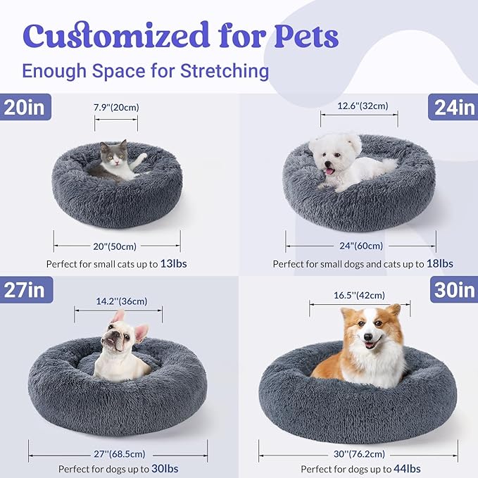 rabbitgoo Dog Bed for Small, 24 inches Machine Washable, Fluffy Donut Pet Bed Anti-Slip, Calming Soft Plush Round Cushion, Fits up to 18 lbs Pets, Dark Grey