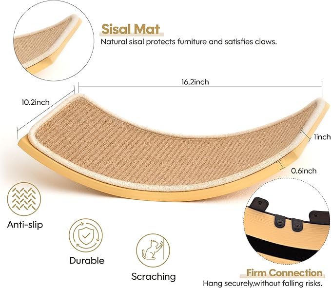 Cat Wall Shelves Set with Sisal Cats Stairs, 4 Piece Wooden Climbing Furniture with Scratchable Curved Bed, Flat Shelf & 2 Cat Wall 4-Steps Ladders