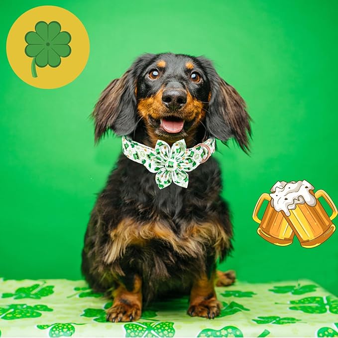 Lionheart glory St. Patrick's Day Dog Collar with Flower Dogs Collar,Soft Green Lucky Clover Shamrock Dog Collars Flower for Small Dogs Puppy Soft Collars Bows Heavy Duty