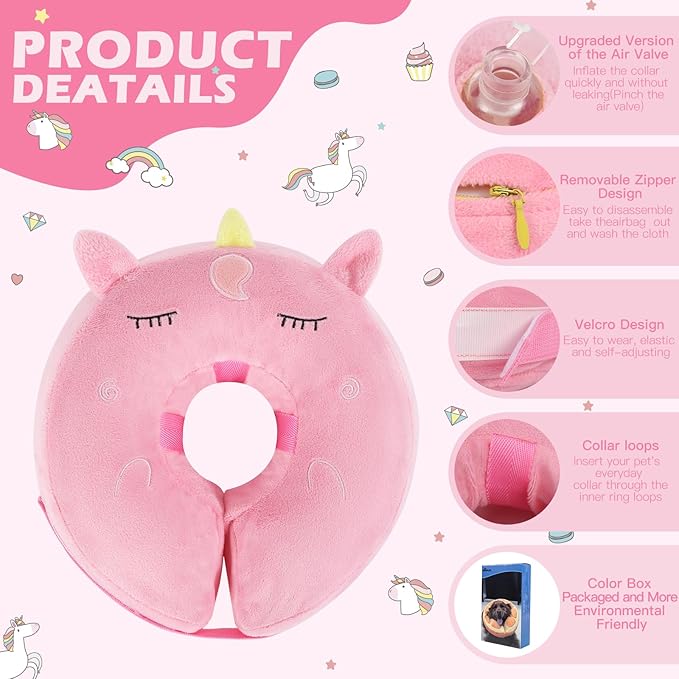 IEUUMLER Inflatable Recovery Dog Collar, Protective Donut Cone, Adjustable Soft Collar for Dog and Cat After Surgery Prevent from Biting & Scratching EU002 - Unicorn L+