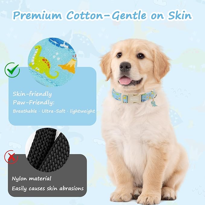 Dinosaur Dog Collar for Medium Dogs, Cute Puppy Collars with Quick Release Buckle, Cotton Dog Collars for Small Medium Large Dogs, Fashion Pet Collar for Girl Boy Dog-M