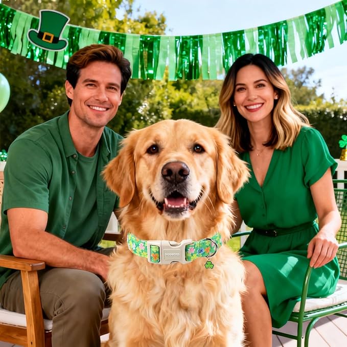 DOGWONG St. Patrick Dog Collar, Comfortable Adjustable Green Clover Pattern Dog Collar for Small Male Female Dogs,XS
