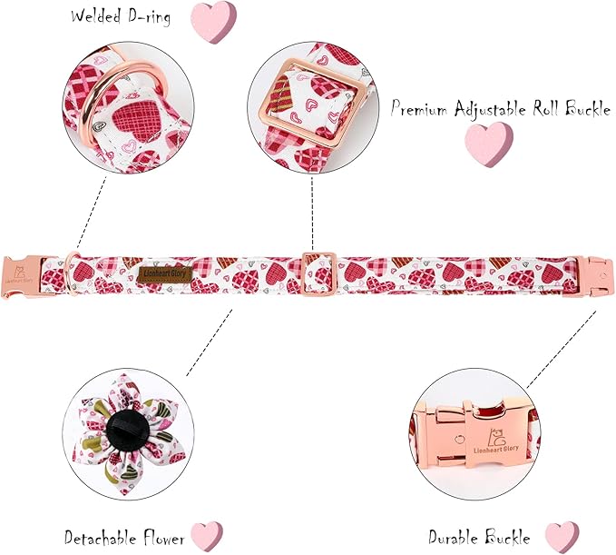 Lionheart Glory Heart Dog Collar, Valentine's Day Dogs Collar with Flower, Cute Floral Pattern Pet Collars Adjustable Dog Collars for Small Dogs